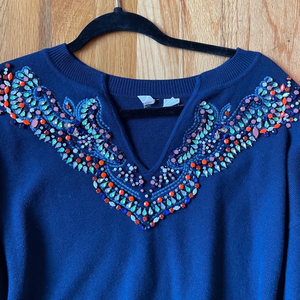 Anthropologie Moth Brand Embellished Jewelled Sweater Navy Blue